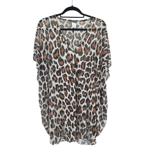 Jordan Taylor Oversized Mesh Leopard Print V-Neck Kaftan Tunic Top Size Medium - Picture 1 of 13
